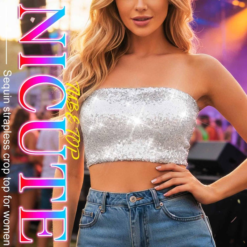 Nicute Sequin Tube Top Sparkly Crop Tops for Women - Image 2